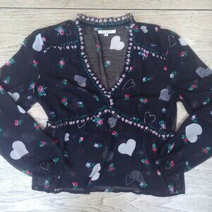 Avec Les Filles Large black semi sheer long sleeve blouse top ruffles pink green